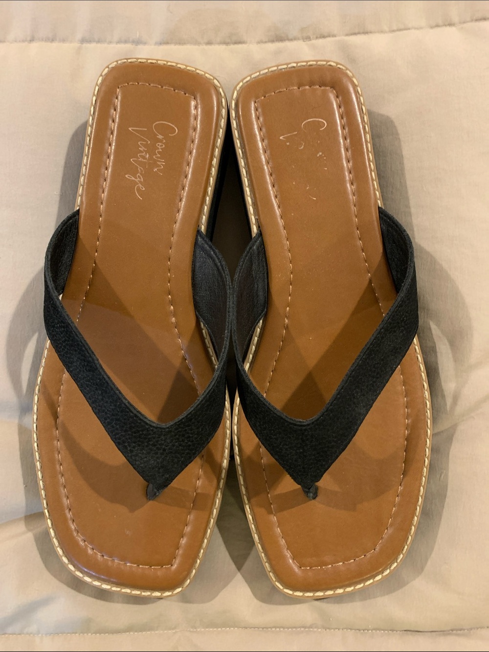 Crown Vintage Black Wide-strap Women’s Flip Flips Black Cow Nubuck Y2K Platform